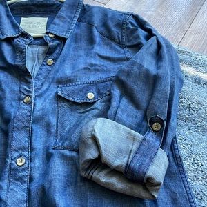 Thread & Supply Size Medium “Denim” Full Button-Up Shirt w/ Roll Tab Sleeves